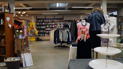 Secondhand-/Vintage-Laden; Kleiderständer und Schaufensterpuppe mit rosa Top; Regale mit Büchern/DVDs im Hintergrund; Möbel und Porzellan-Etagere