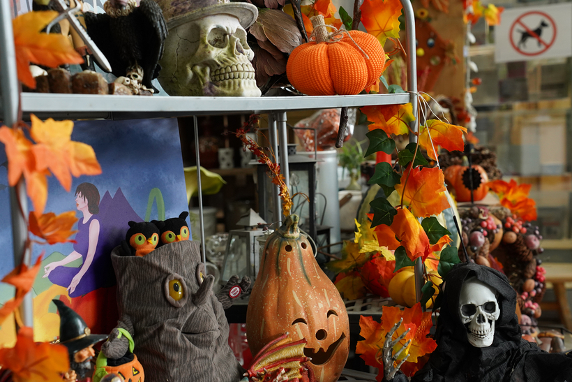 Auf dem Bild sind verschiedene herbstliche und Halloween-Dekorationen wie Kürbisse, eine Totenkopfstatue und bunte Blätter zu sehen.