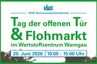 Das Bild kündigt einen Tag der offenen Tür und einen Flohmarkt am 20. Juni 2026 im Wertstoffzentrum Warngau von 10:00 bis 15:00 Uhr an.