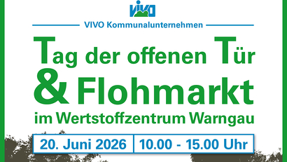 Das Bild kündigt einen Tag der offenen Tür und einen Flohmarkt am 20. Juni 2026 im Wertstoffzentrum Warngau von 10:00 bis 15:00 Uhr an.