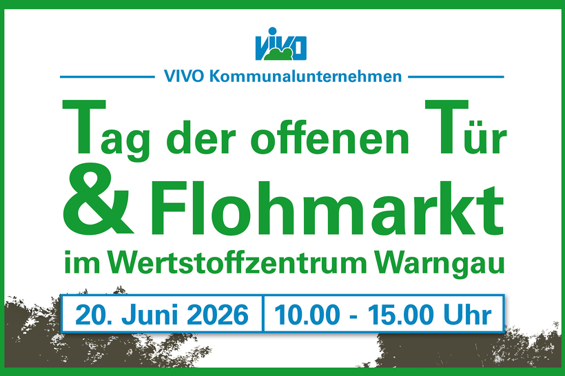 Das Bild kündigt einen Tag der offenen Tür und einen Flohmarkt am 20. Juni 2026 im Wertstoffzentrum Warngau von 10:00 bis 15:00 Uhr an.