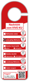Das Bild zeigt einen Hinweis des VIVO KU über Probleme mit Müllbehältern, die nicht geleert wurden, sowie Kontaktinformationen für Rückfragen.